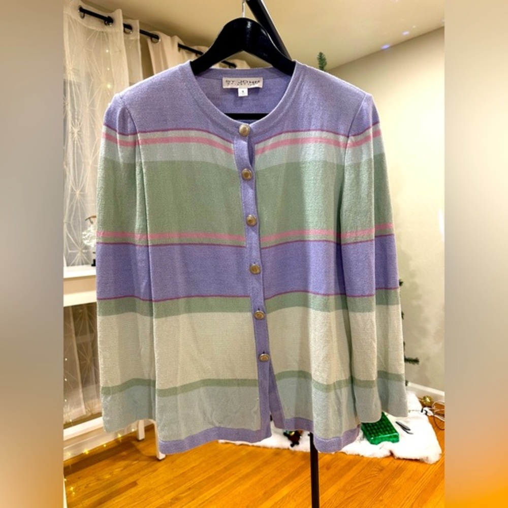 St. John Pastel Harmony: Lavender and Sage Striped Cardigan